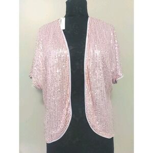 Qixing Women Pink Sequins Dazzling Open Lightweight Lined Cardigan Jacket Size M